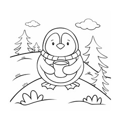 Handdrawn Penguin with Scarf Holding a Mug in Winter Landscape with Trees Clouds © Mamatarani
