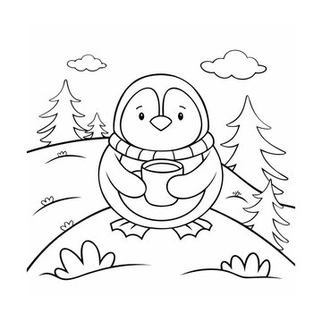 Handdrawn Penguin with Scarf Holding a Mug in Winter Landscape with Trees Clouds