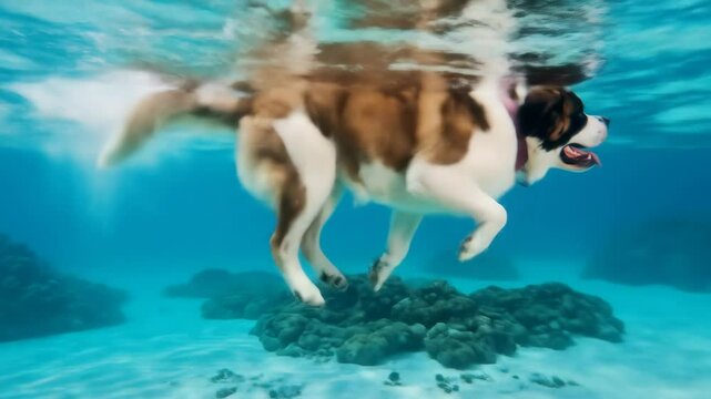 St. Bernard Dog Swimming Underwater - A St. Bernard dog is captured swimming joyfully underwater, wearing a blue collar.