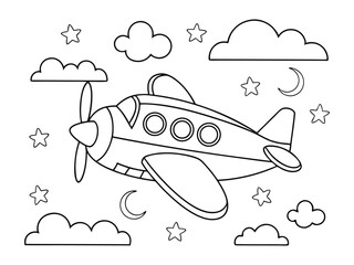 Easy coloring page for kids. An airplane flying in the sky among clouds and stars