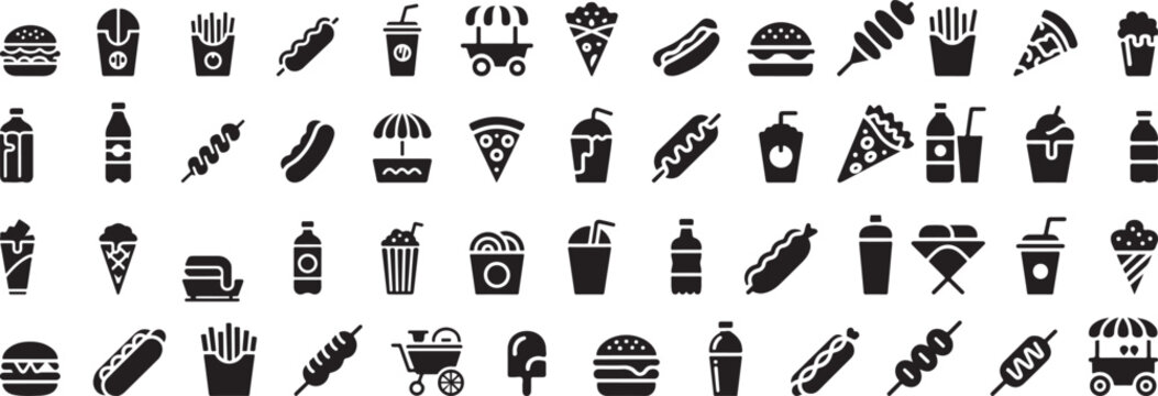 Fast food and drink icons burger french fries