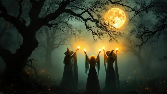 Three witches casting spells under a full moon in a dark forest. Halloween, All Hallows Eve, Samhain - Spooky Holiday Season, Fall Festival Celebration