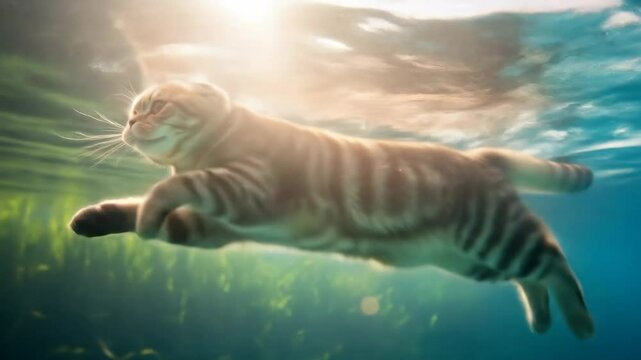 Cat Swimming Underwater - A cat is gracefully swimming below the water's surface, with its striped fur rippling through the clear, blue water.