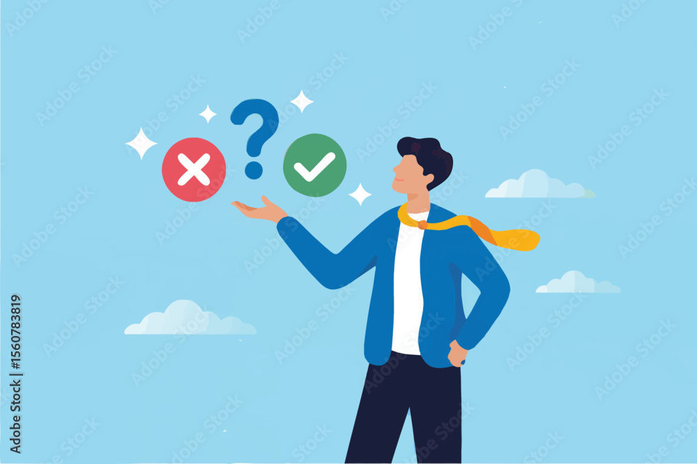 Poster man making a choice between a red cross and a green checkmark isolated on transparent background