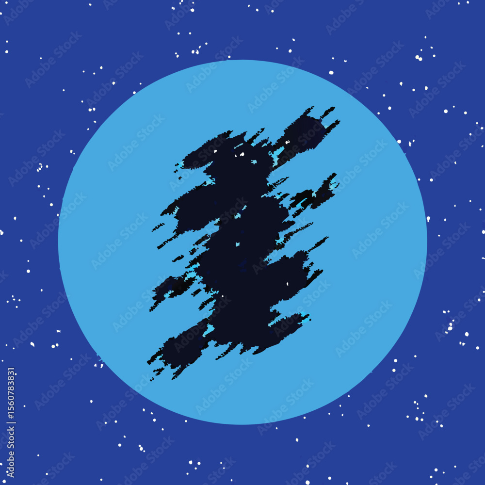 Poster abstract blue circle with dark textured shape and subtle white starfield pattern