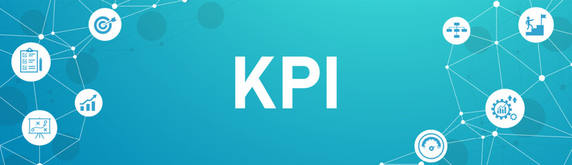 Banner KPI concept with icons. Key Performance Indicator using Business Intelligence metrics to measure achievement versus planned target. eps 10