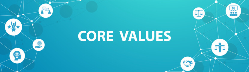 Core Values - Mission, integrity value icon set with vision, honesty, passion, and collaboration as the goal or focus