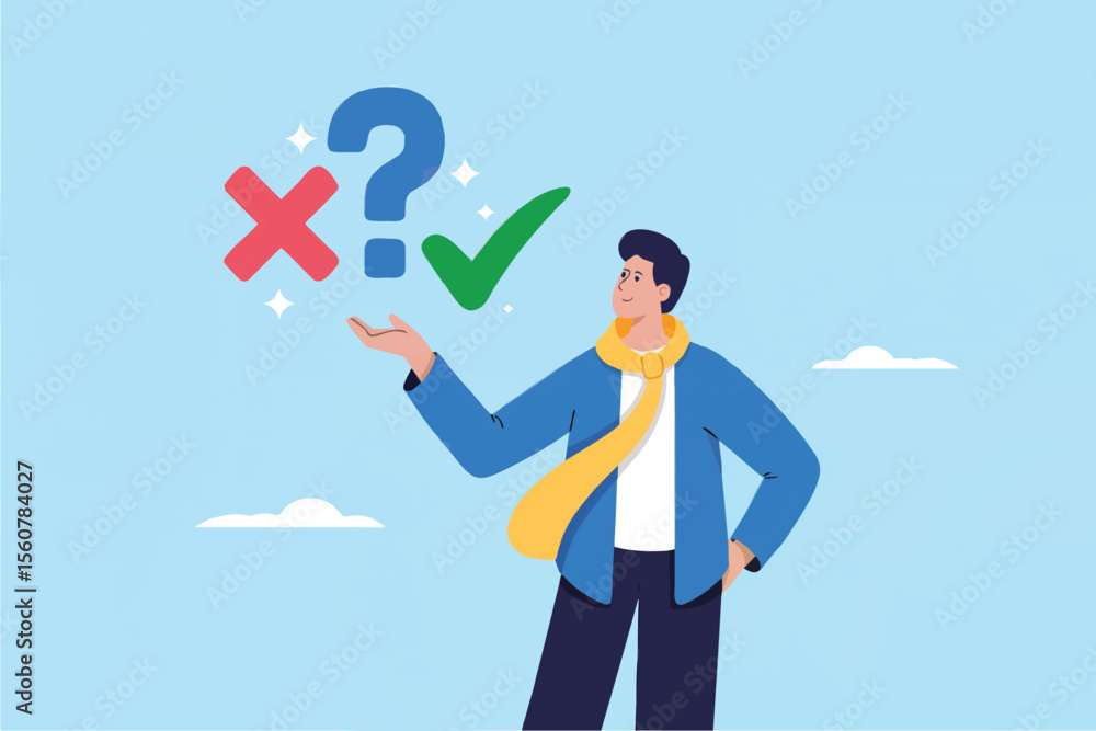 Poster flat cartoon vector illustration of a man with a question mark checkmark and cross isolated on trans