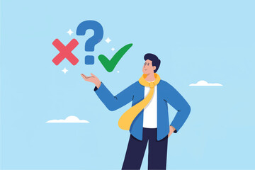 Flat cartoon vector illustration of a man with a question mark checkmark and cross isolated on transparent background
