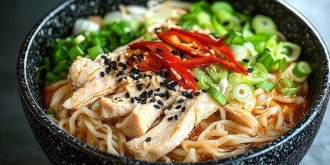 Close Up Image of a Delicious Asian Noodle Dish with Chicken, Fresh Onions, and Spicy Chilis