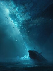 Titanic Faces Towering Ice Wall Beneath the Surface in a Dramatic Ocean Catastrophe Scene