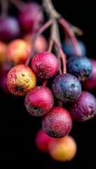 Vibrant Cluster of Aronia Berries in Deep Purple and Crimson Shades, Isolated on Black Background