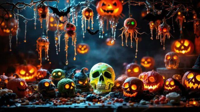 Spooky halloween scene with glowing pumpkins and skulls in dark forest setting. Halloween, All Hallows Eve, Samhain - Spooky Holiday Season, Fall Festival Celebration