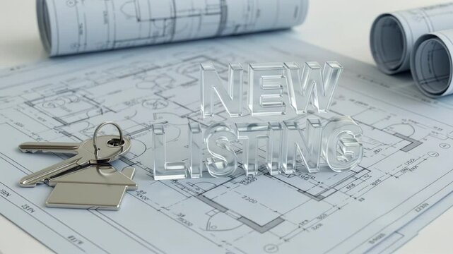 New listing concept with house keys on architectural blueprints for real estate promotion