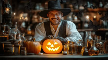 Smiling young caucasian man in witch hat carving pumpkins with spooky atmosphere. Halloween, All Hallows Eve, Samhain - Spooky Holiday Season, Fall Festival Celebration - Powered by Adobe