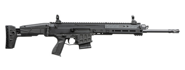 Modern tactical semi-automatic rifle isolated on white back