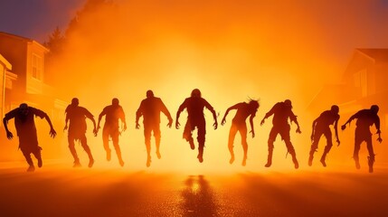 Fototapeta premium A dramatic scene depicting silhouettes of figures against a vibrant orange backdrop, evoking mystery and suspense.
