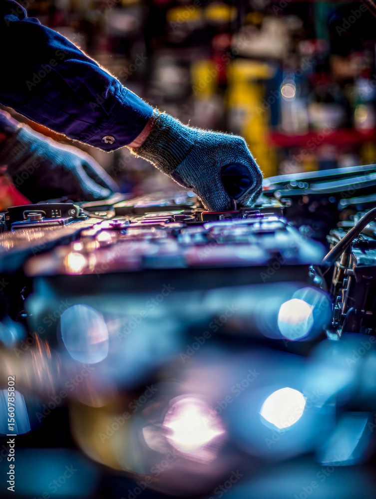 Poster focused hands performing precision work on an automotive engine in a workshop setting