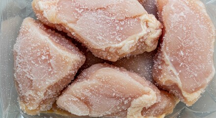 Frozen chicken cuts inside transparent packaging, visible ice crystals on the surface.
