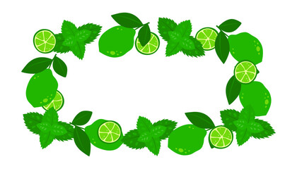 Rectangle frame with mohito ingredients. Summer frame with mint and limes and empty space for text.