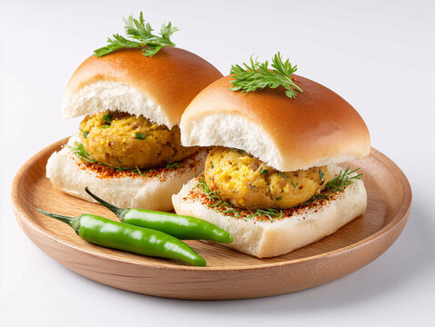 Vada Pav Delight: Two golden-brown Vada Pav, a popular Indian street food, presented on a wooden plate alongside vibrant green chili peppers and fresh coriander.