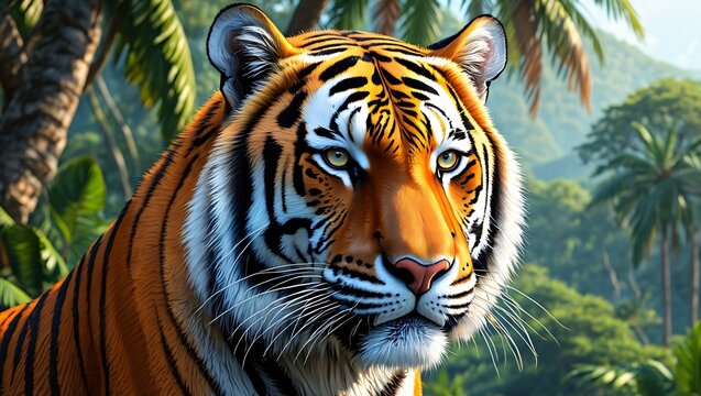 Majestic bengal tiger with piercing eyes gazes forward amidst lush green jungle foliage and palm trees