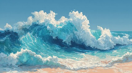 Dynamic ocean waves roll onto the shore, creating foam and splashes against the warm sand under bright sunlight, capturing the essence of relaxation and nature's beauty.