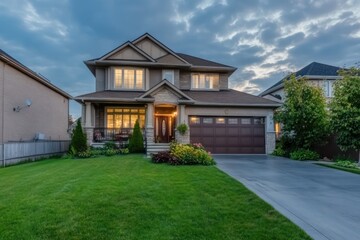Suburban Home with Front Yard and Lush Greenery . Real Estate Background
