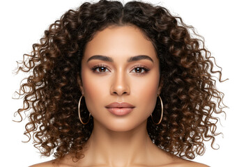 Beautiful woman with curly hair and hoop earrings isolated on transparent background