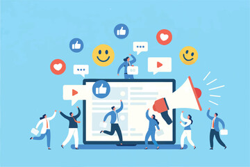 Flat cartoon vector illustration of people interacting with social media icons and a laptop isolated on transparent background