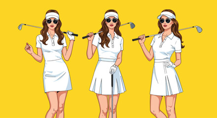 Adobe Illustrator set of vector flat style illustration of three elegant and sexy women golfers with a modern pop art touch. Perfect for sports and lifestyle designs