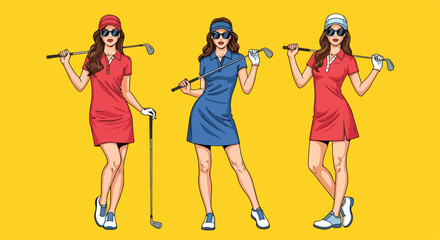 Adobe Illustrator set of vector flat style illustration of three elegant and sexy women golfers with a modern pop art touch. Perfect for sports and lifestyle designs