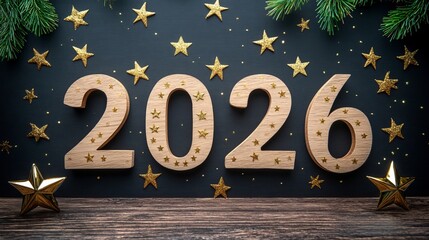 Festive New Year Celebration with 2026 Wooden Numbers, Golden Stars, and Evergreen Decor Elements