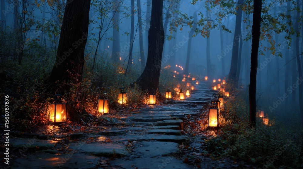 Poster softly glowing lanterns line a winding stone path in a serene forest as twilight descends, creating 