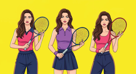 Adobe Illustrator set of vector flat style illustration of three sporty and attractive women tennis players with a pop art aesthetic. Great for fitness, health, and stylish modern designs