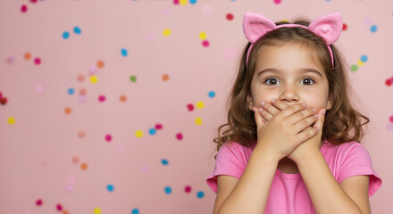 Surprised girl with pink cat ears covering mouth with hands against colorful confetti background. Childhood amazement and secret sharing for party and celebration promotions