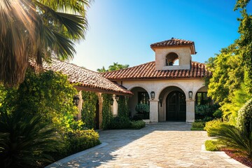 Villa with Terracotta Roof and Vibrant Greenery Surrounding . Real Estate Background