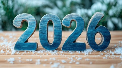 Festive New Year 2026 Backdrop with Colorful Painted Numerals on Wood, Sparkling Snowy Elegance