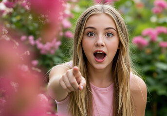 Surprised teenage girl pointing finger with open mouth against pink flower garden background. Youth amazement and discovery for beauty treatment and spring celebration promotions