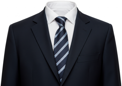 Formal dark blue suit with striped tie and white shirt isolated on transparent background