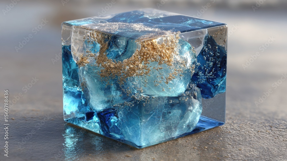 Poster a captivating blue ice cube features embedded crystals and bubbles, placed on a smooth, wet surface.