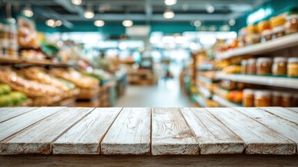 A wooden table in the foreground is showcased while fresh produce and jars line the shelves of a local market in the background, illuminated by soft daylight.