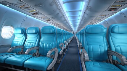 A spacious airplane interior showcases rows of bright blue seats under soft overhead lighting. The cabin is empty, highlighting the clean and modern design during daytime.