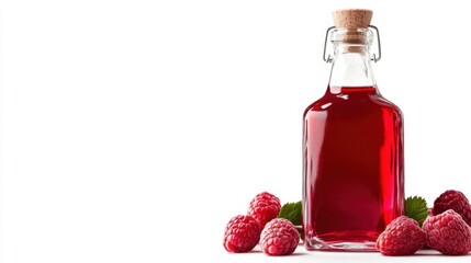 a bottle of raspberry syrup with raspberries around it