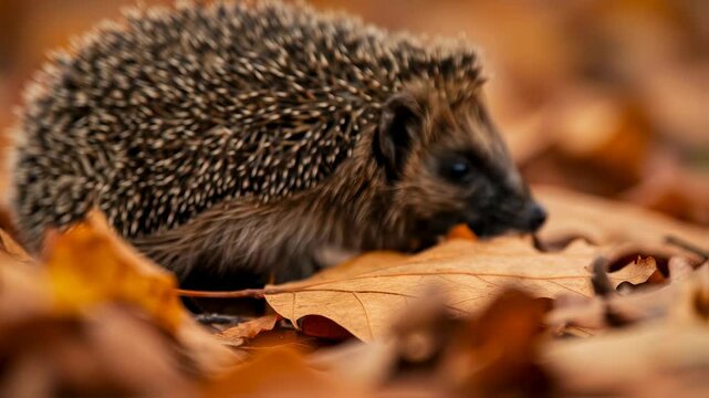 Curious hedgehog exploring autumn leaves in natural habitat