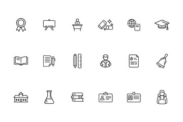 Line art school icons set including a ribbon, desk, eraser, globe, book, bell, schoolhouse, beaker, student