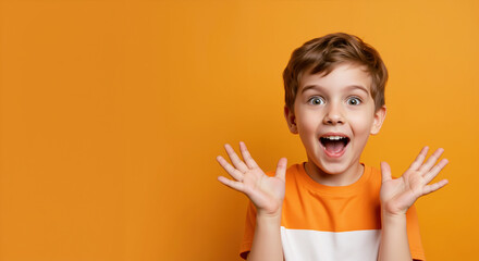 Excited boy with raised hands and open mouth in orange white striped shirt against yellow background. Pure childhood joy and amazement for educational content and motivational promotions
