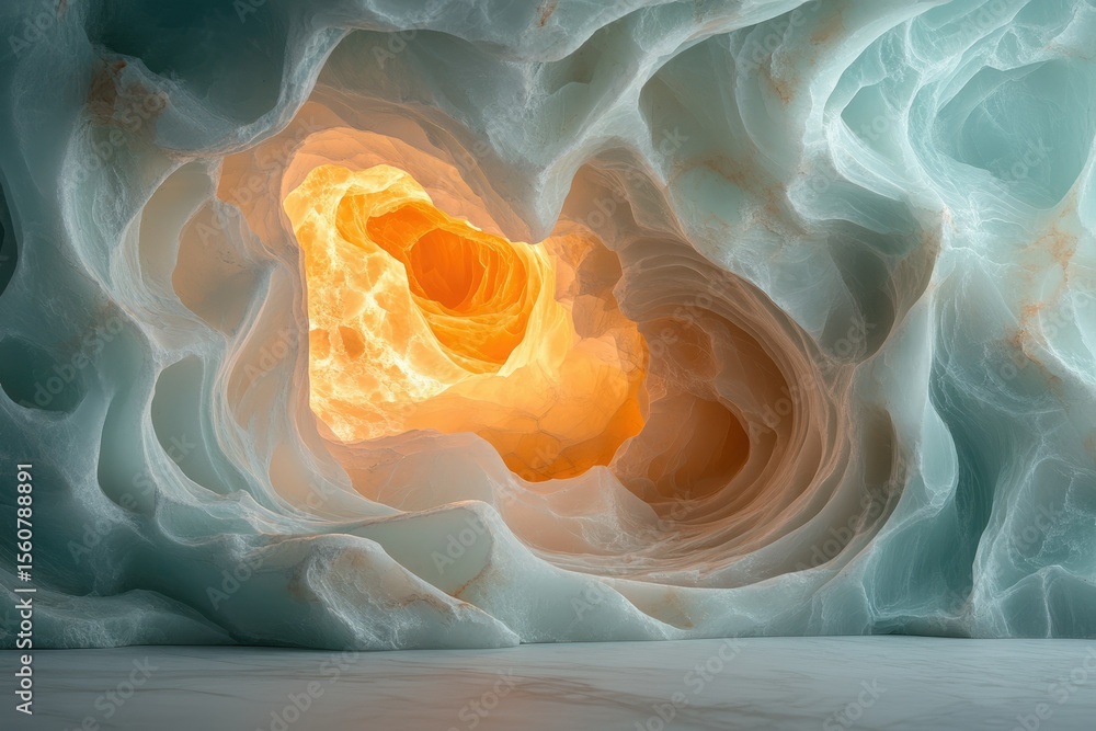 Aufkleber a mesmerizing view inside a glowing cave, showcasing intricate rock formations and warm, inviting li