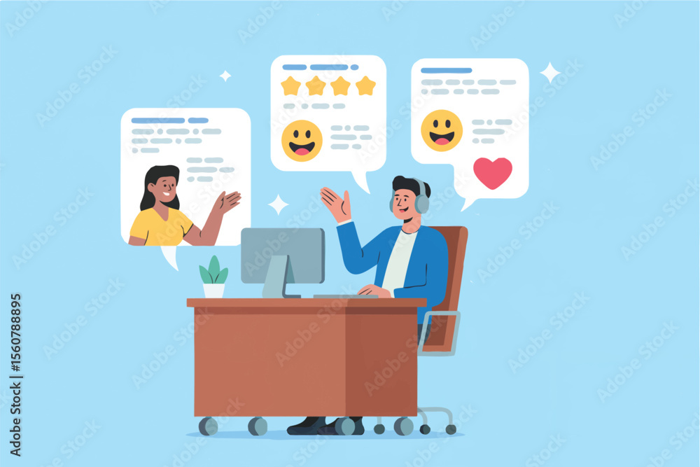 Poster customer service interaction with positive feedback isolated on transparent background