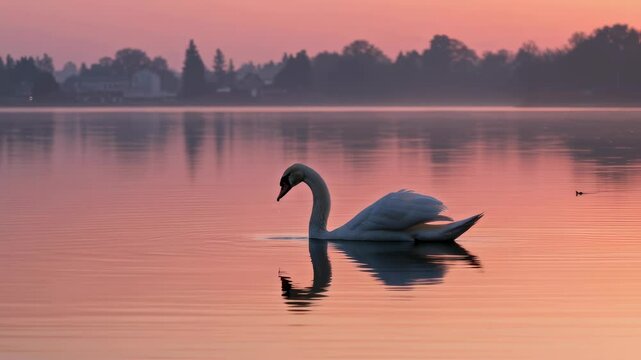 Tranquil swan gliding on misty lake at sunset reflects peaceful nature